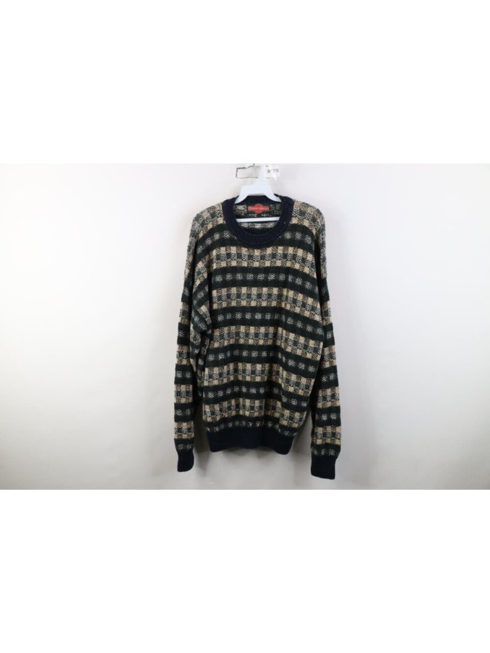 Vintage 90s Streetwear Mens Large Striped Checkered Weave Knit Crewneck Sweater
